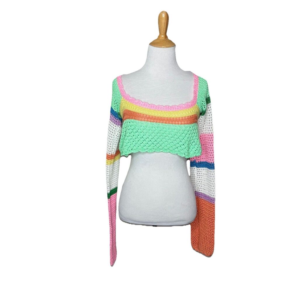 Amazon Multi Color Cropped Crochet Long Sleeve Pink Green White Size Medium